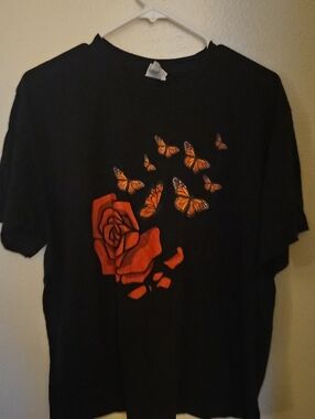 Port and Company Black Tee with Red Rose and Orange Butterflies